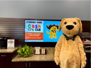 BayFirst mascot Cash exploring the St. Petersburg banking center.